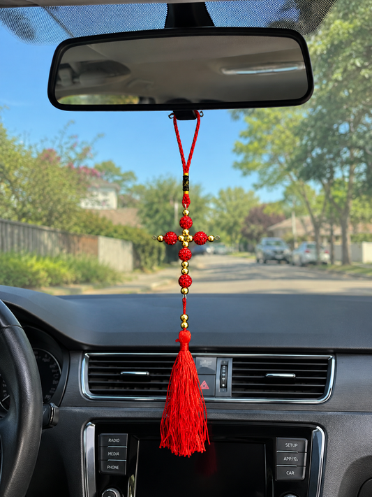 Crystal Cross Car Charm with Tassel –