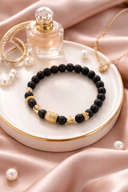 Black Matte Beaded Bracelet with Gold Accent Beads – Elegant Women’s Stretch Bracelet