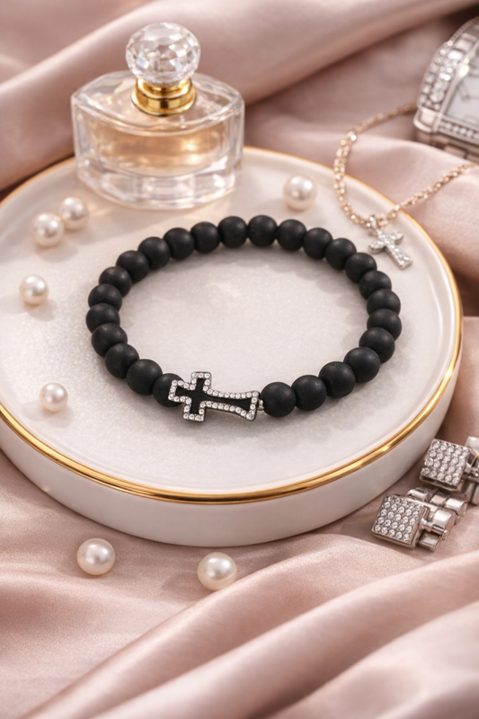 Black Matte Beaded Bracelet with Rhinestone Cross Charm – Women’s Faith-Inspired Jewelery