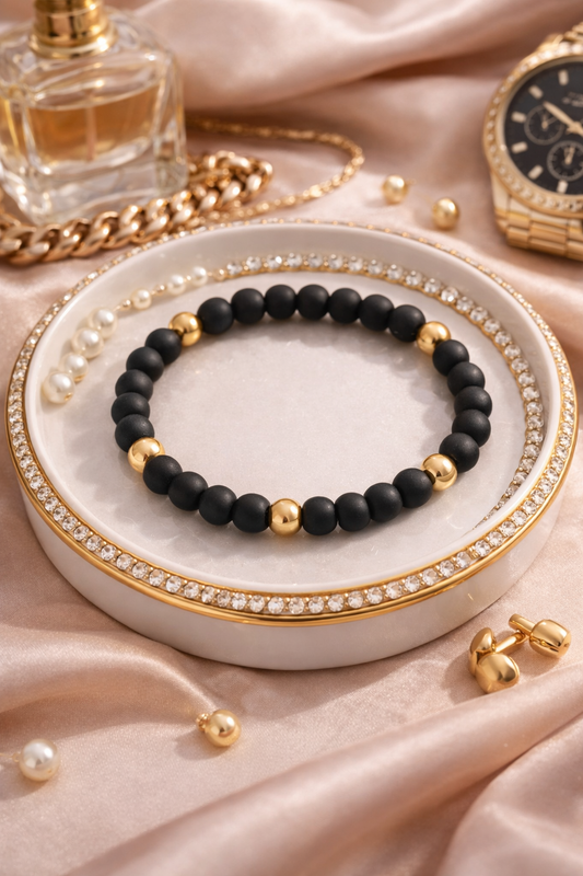 Black Matte Beaded Bracelet with Polished Gold Beads – Minimalist Women’s Luxury Bracelet