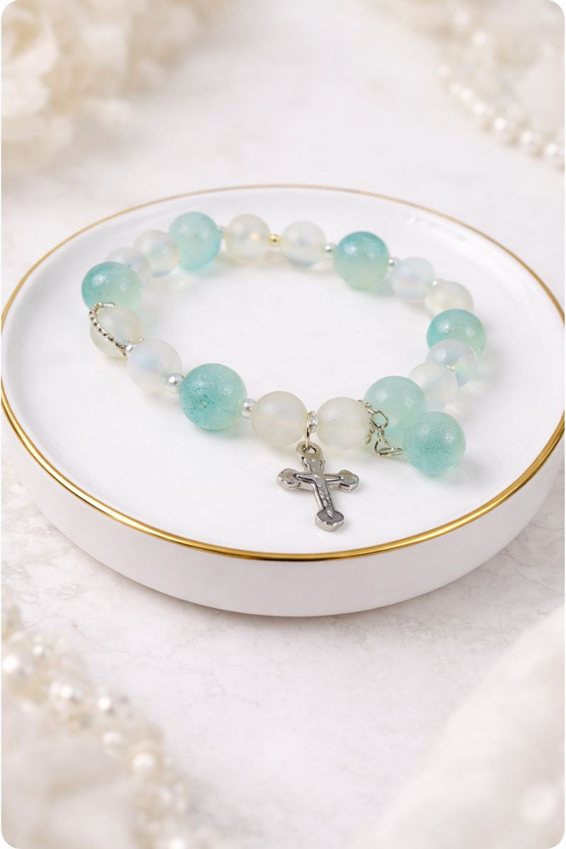 Light Blue Acrylic Beaded Elastic Bracelet with Silver Cross Charm