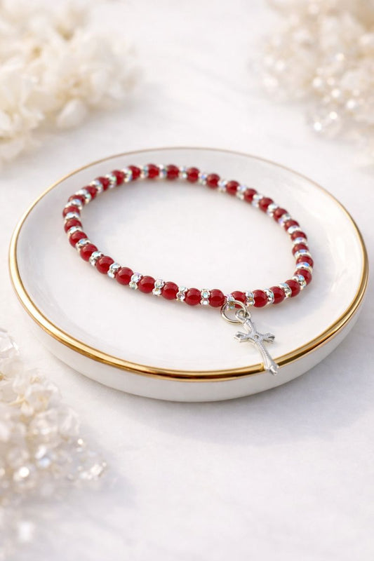 Red Beaded Elastic Bracelet with Silver Cross Charm