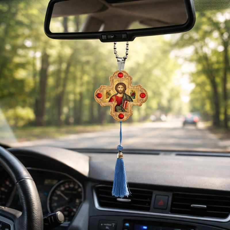 Orthodox Car Hanging Icons – Virgin Mary & Child + Jesus Christ Pantocrator