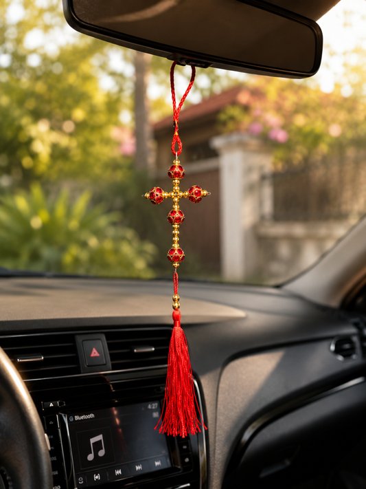 Decorative Beaded Cross Ornament with Tassel