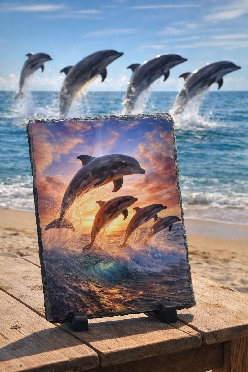 Harmony of the Dolphins at Sunset on slate