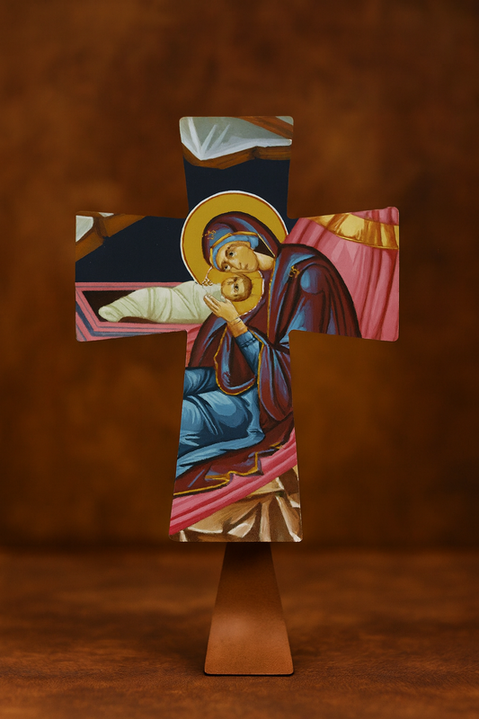 Wooden Cross Icon – Virgin Mary with Baby Jesus