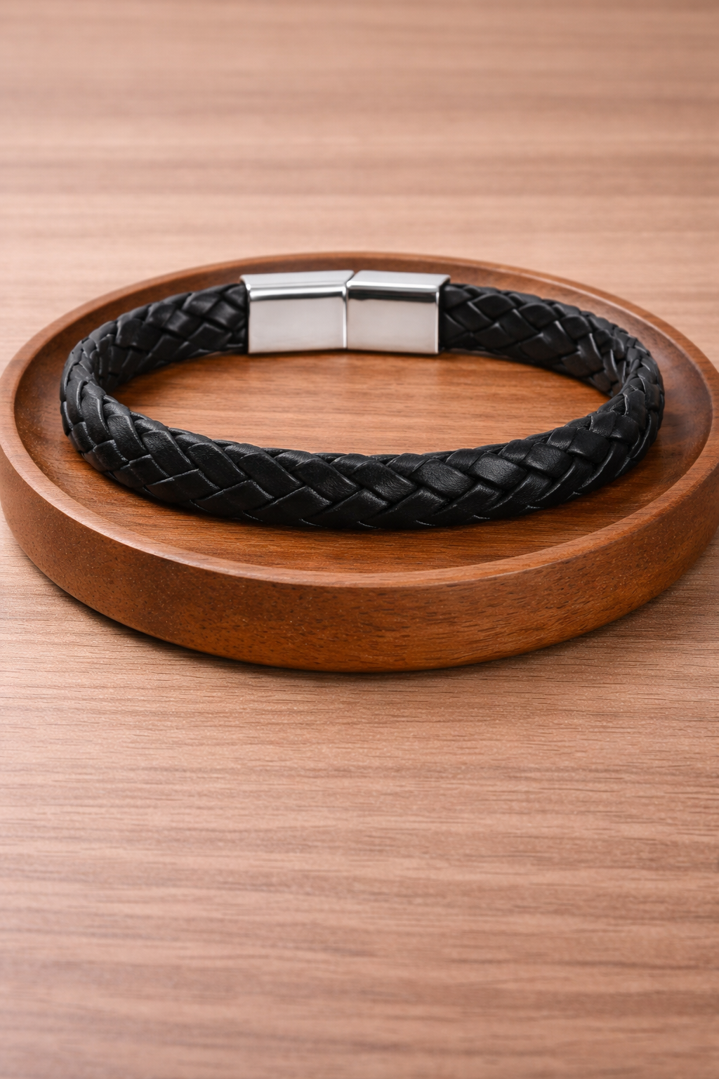 Men's bracelet (Braided Black Leather Bracelet with Stainless Steel Clasp) (Code 6-41,42,43,44,45)