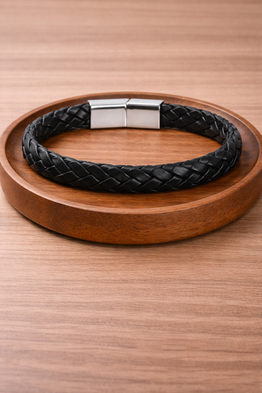 Braided Leather Bracelet with Stainless Steel Magnetic Clasp ( M 12)