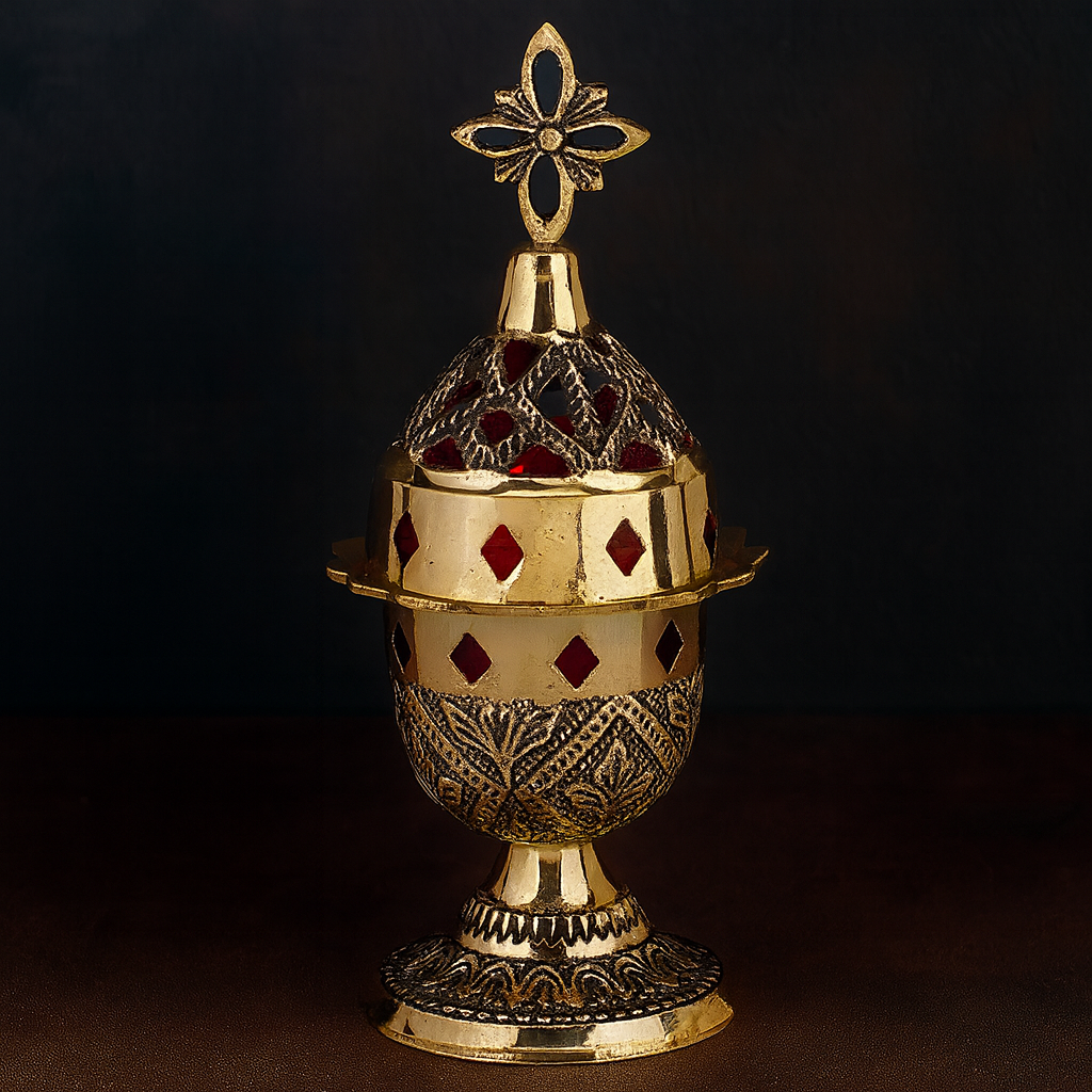Orthodox Brass Vigil Lamp – Decorative Standing Kandili with Cross Lid 21cm