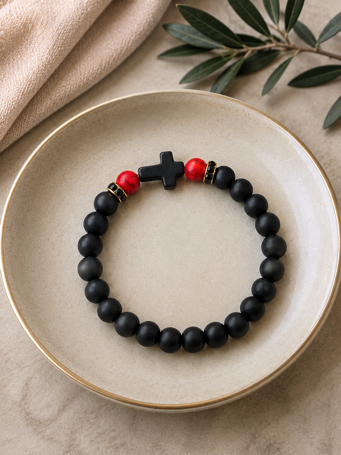 Black Cross Matte Beaded Bracelet with Silver Accents ( B 5 )