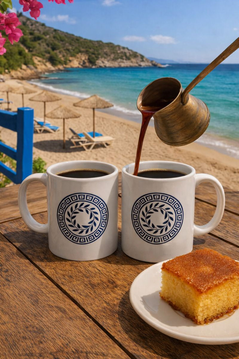 Stylized Greek-Inspired Emblem Ceramic Mugs