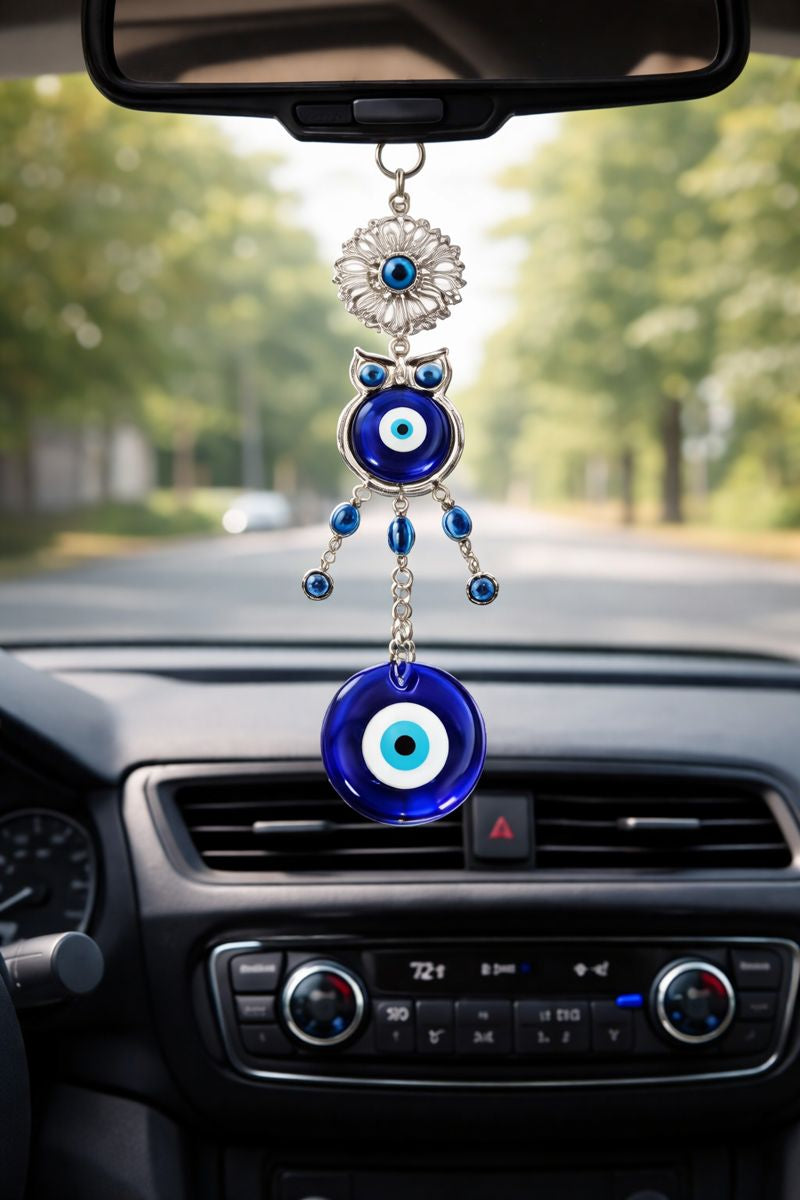 Blue Evil Eye Hanging Charm with Owl Pendant – Home & Car Protection Décor