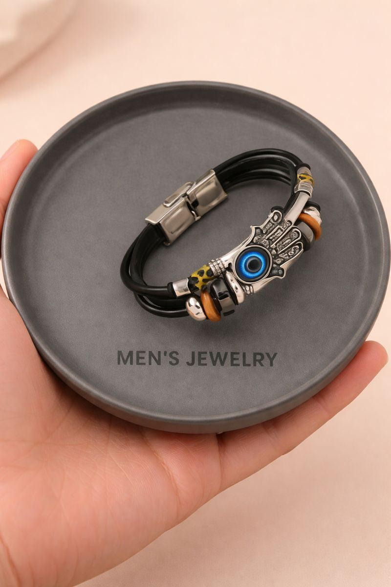 Bracelet with Blue Evil Eye – Genuine Leather & Stainless Steel (Code 6-46)