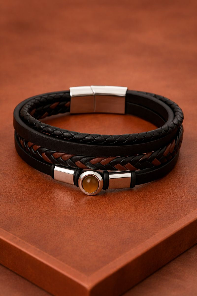 Men's Bohemian Braided Bracelet – Brown, Copper, Golden & Tortoiseshell Beads with White Gold–Plated Closure