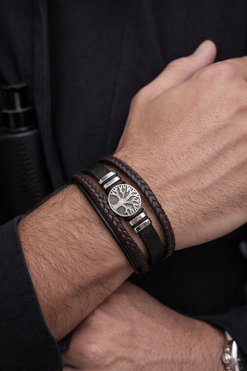 Men's Handcrafted Woven Faux Leather Bracelet – Tree of Life Charm & Magnetic Clasp