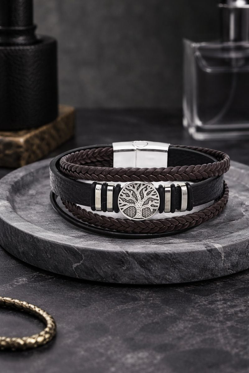Men's Handcrafted Woven Faux Leather Bracelet – Tree of Life Charm & Magnetic Clasp