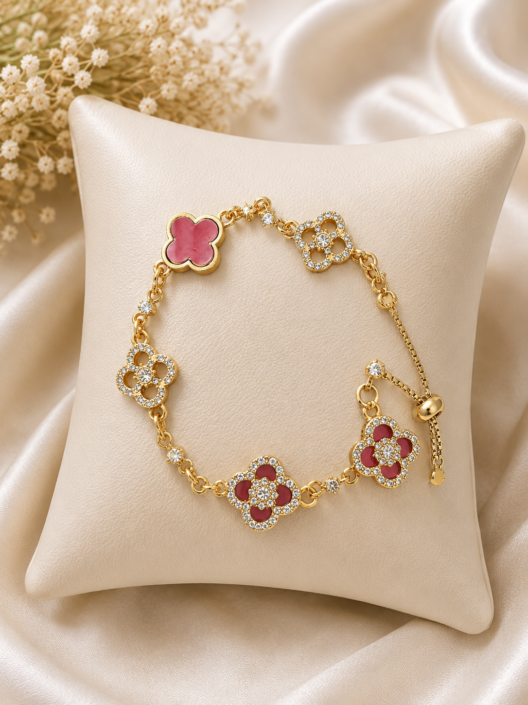 Pink Floral Clover Adjustable Bracelet – Gold Plated
