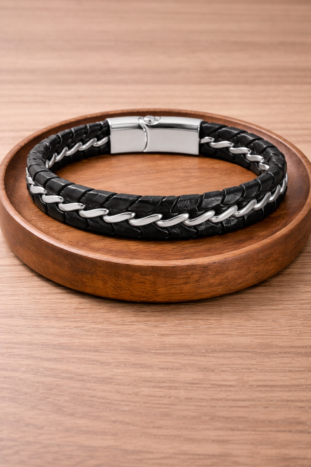 Men's bracelet (Braided Black Leather Bracelet with Stainless Steel Clasp) (Code 6-41,42,43,44,45)