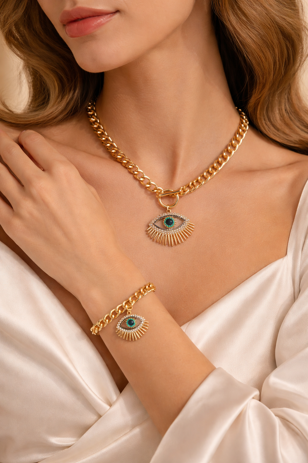 Golden Evil Eye Necklace & Bracelet Set (code 150)