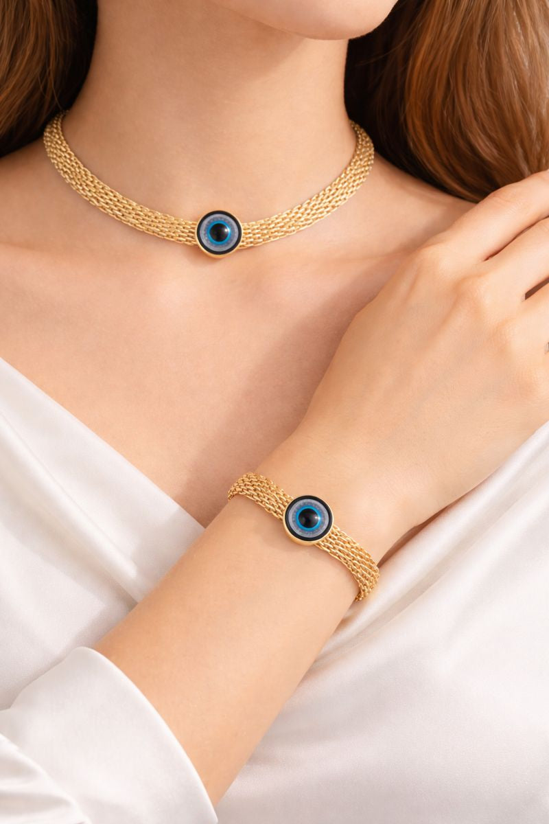 Gold Plated  Evil Eye Necklace & Bracelet Set ( Code 17-133)