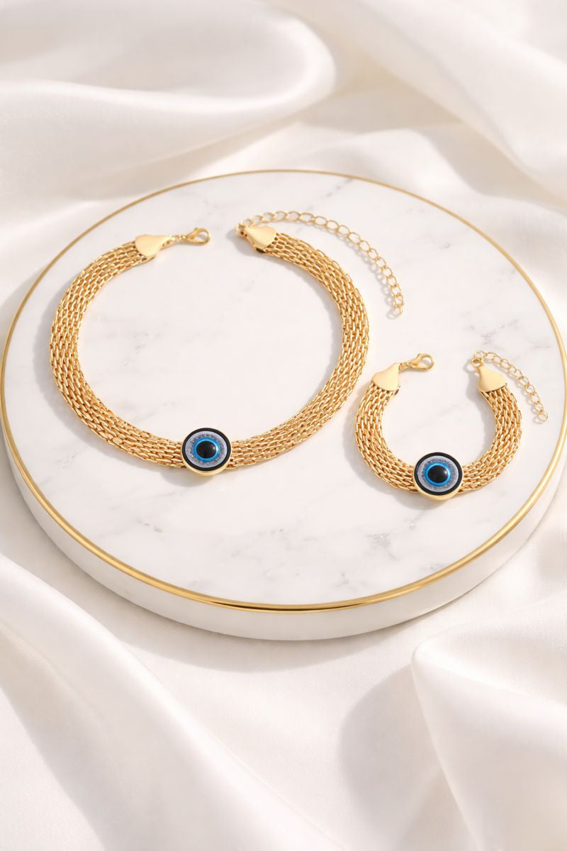 Gold Plated  Evil Eye Necklace & Bracelet Set ( Code 17-133)