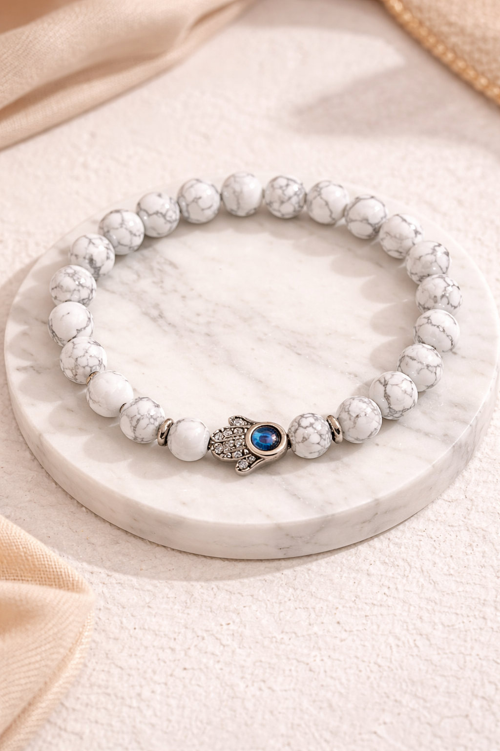 Evil Eye Hamsa Beaded Bracelet (Black Onyx & White Howlite) (Code 7-56)