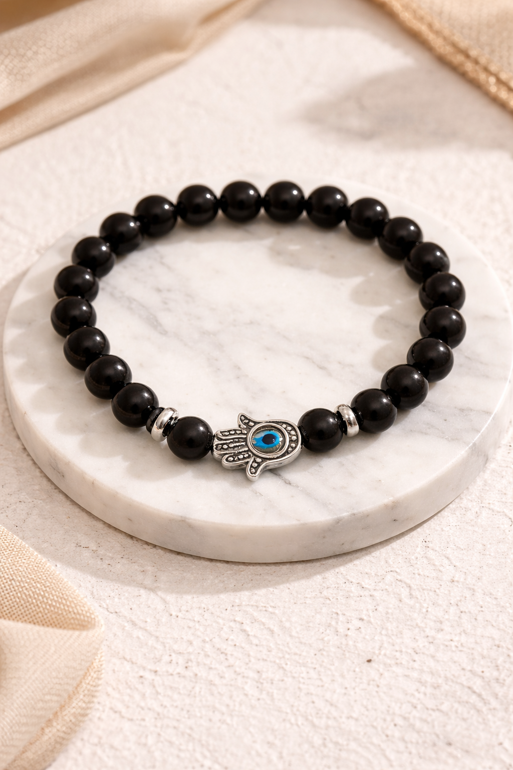 Evil Eye Hamsa Beaded Bracelet (Black Onyx & White Howlite) (Code 7-56)
