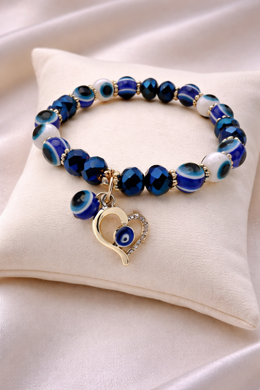 Evil Eye Beaded Bracelet with Heart Charm (Code 8-61)