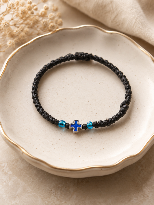 Black Bracelet Blue  Cross with Blue Beads (Code 2-12)