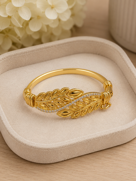 Gold Leaf Cuff Bracelet with Crystal Accents