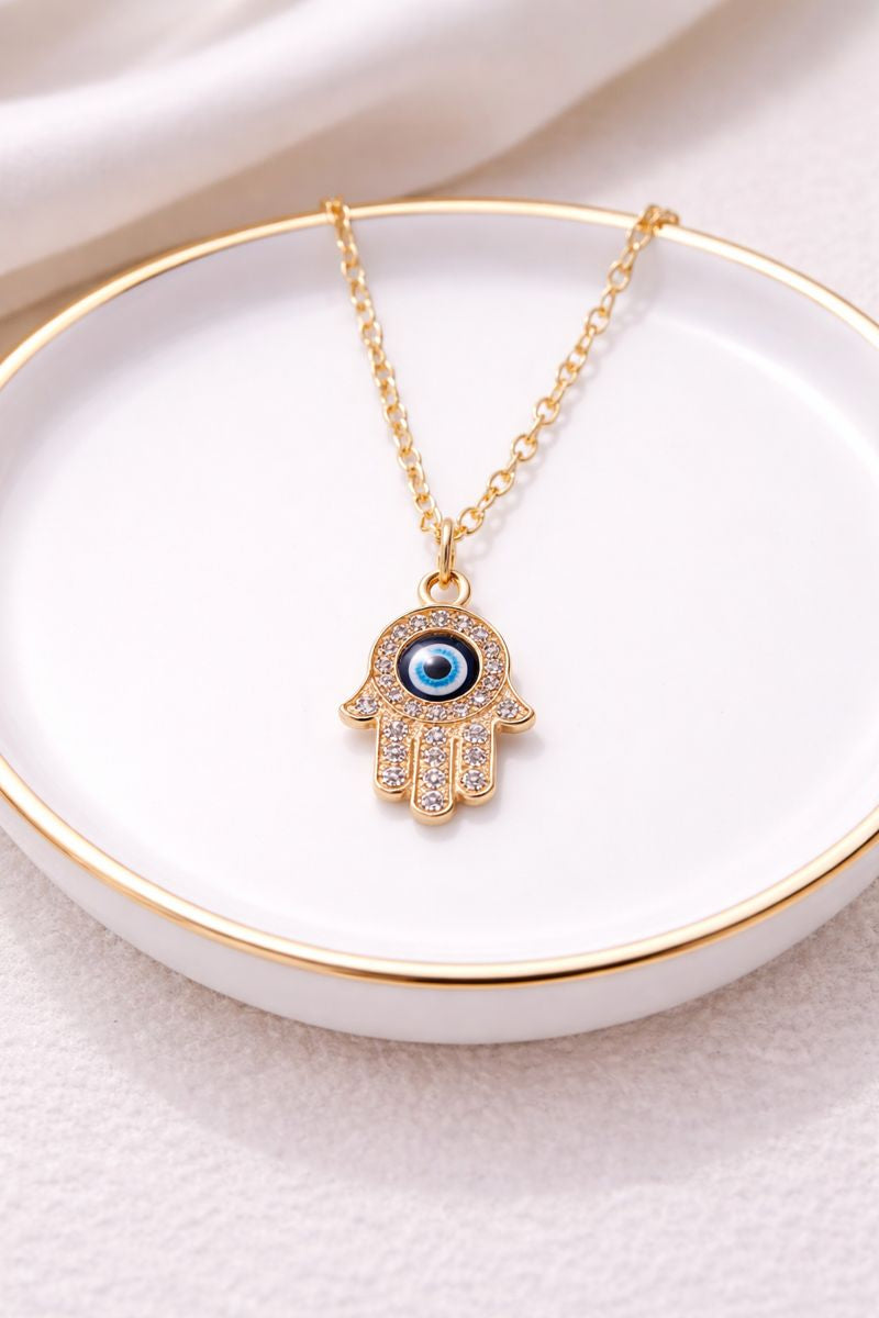 Hamsa Evil Eye Pendant Necklace – Gold Tone ( code 16-121)