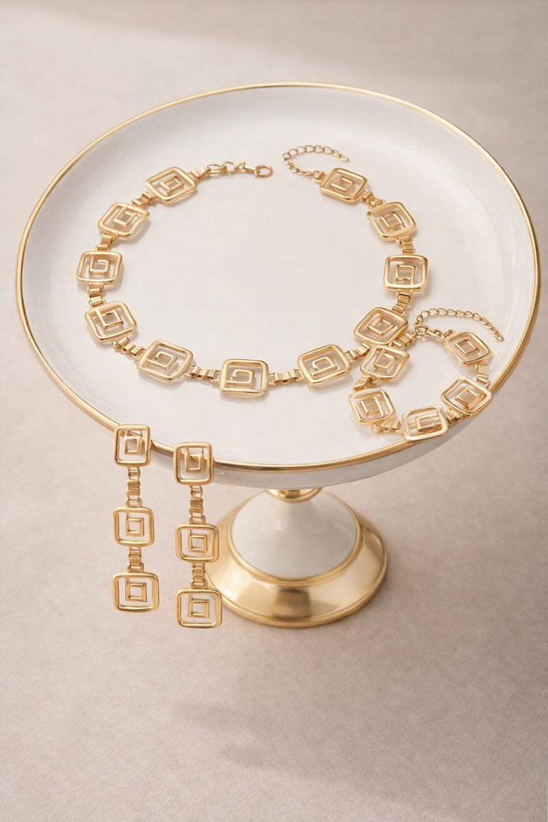 Gold Plated Geometric Square Link Jewellery Set