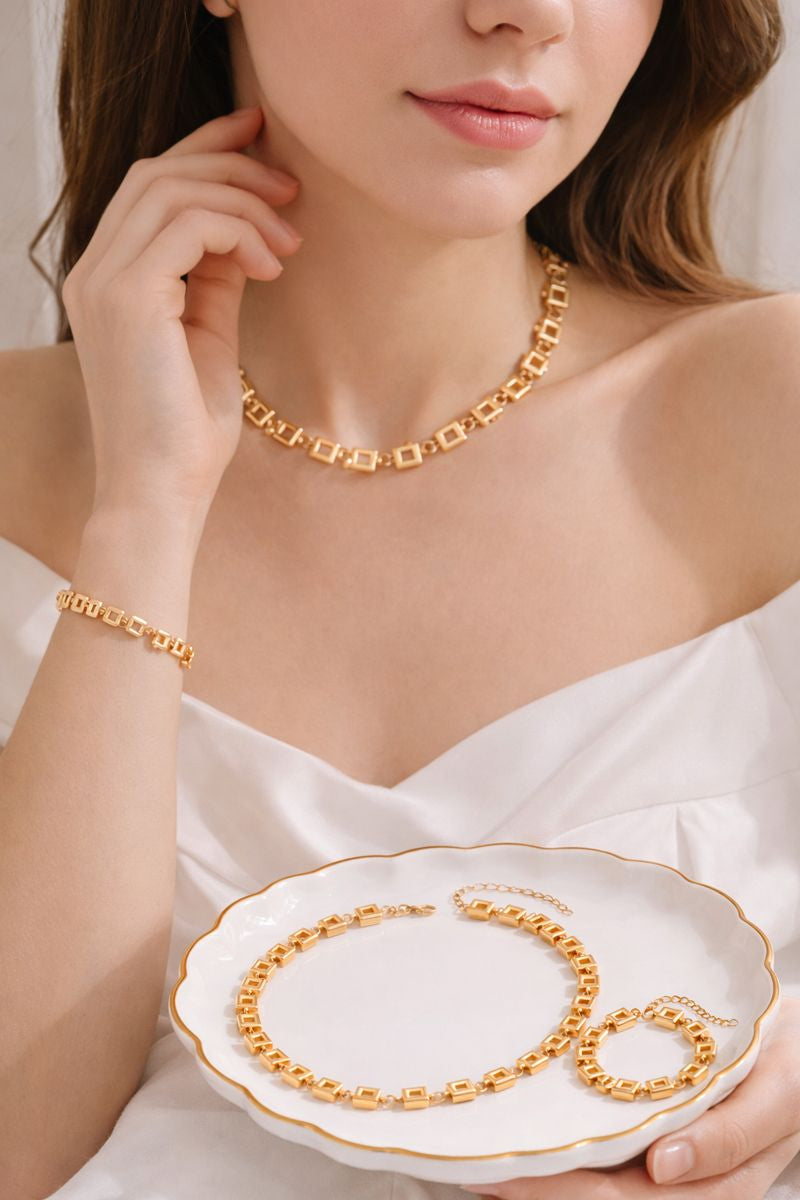 Elegant Gold plated  Square-Link Necklace & Bracelet Set( code 17-131)