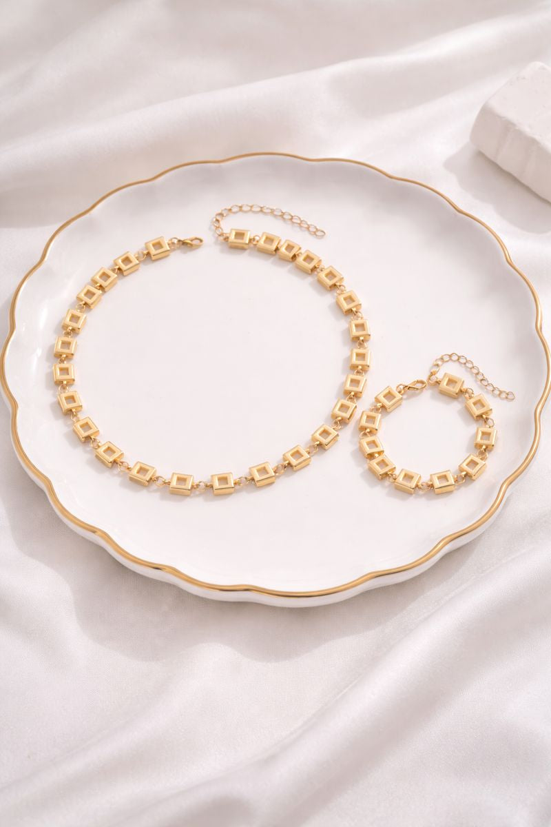 Elegant Gold plated  Square-Link Necklace & Bracelet Set( code 17-131)