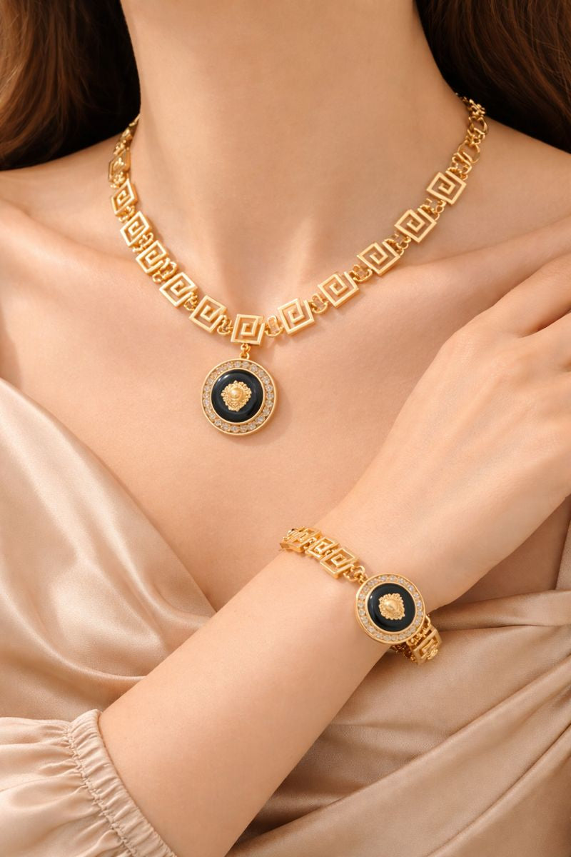 Greek Key Medallion Necklace & Bracelet Set