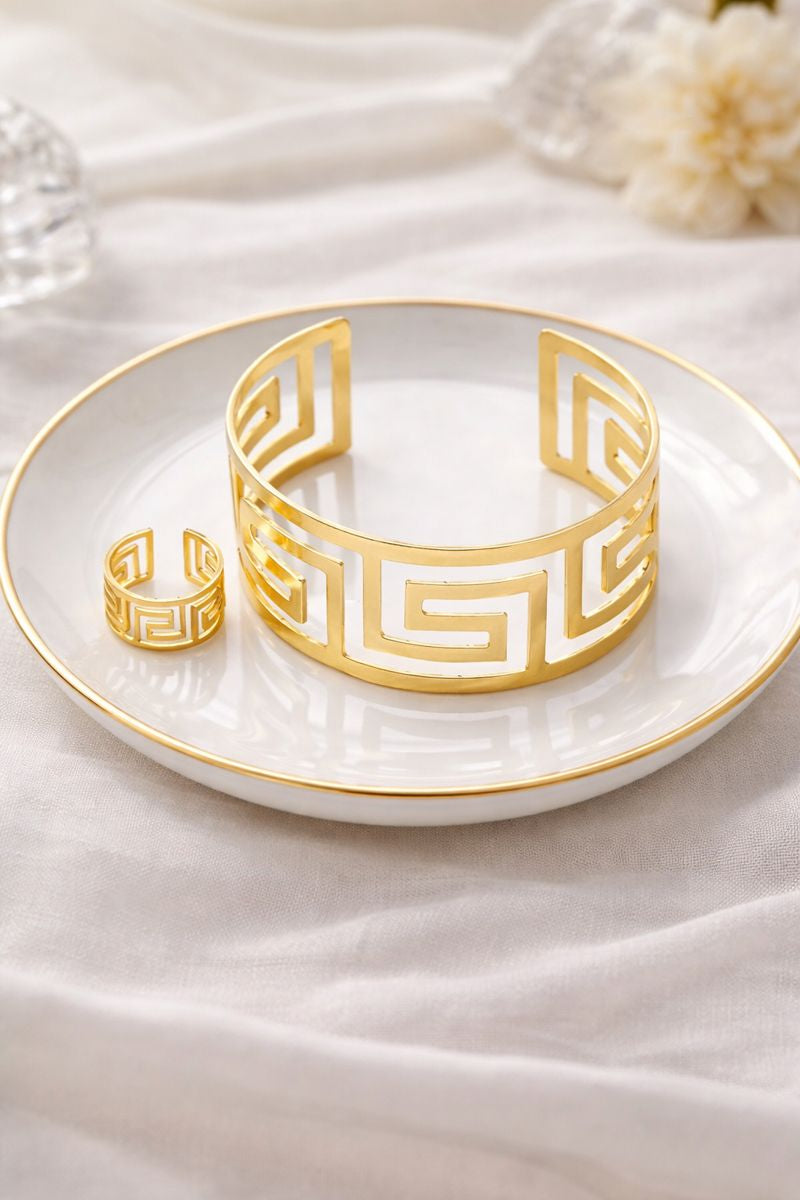 Greek Key Gold Cuff Bracelet & Ring Set
