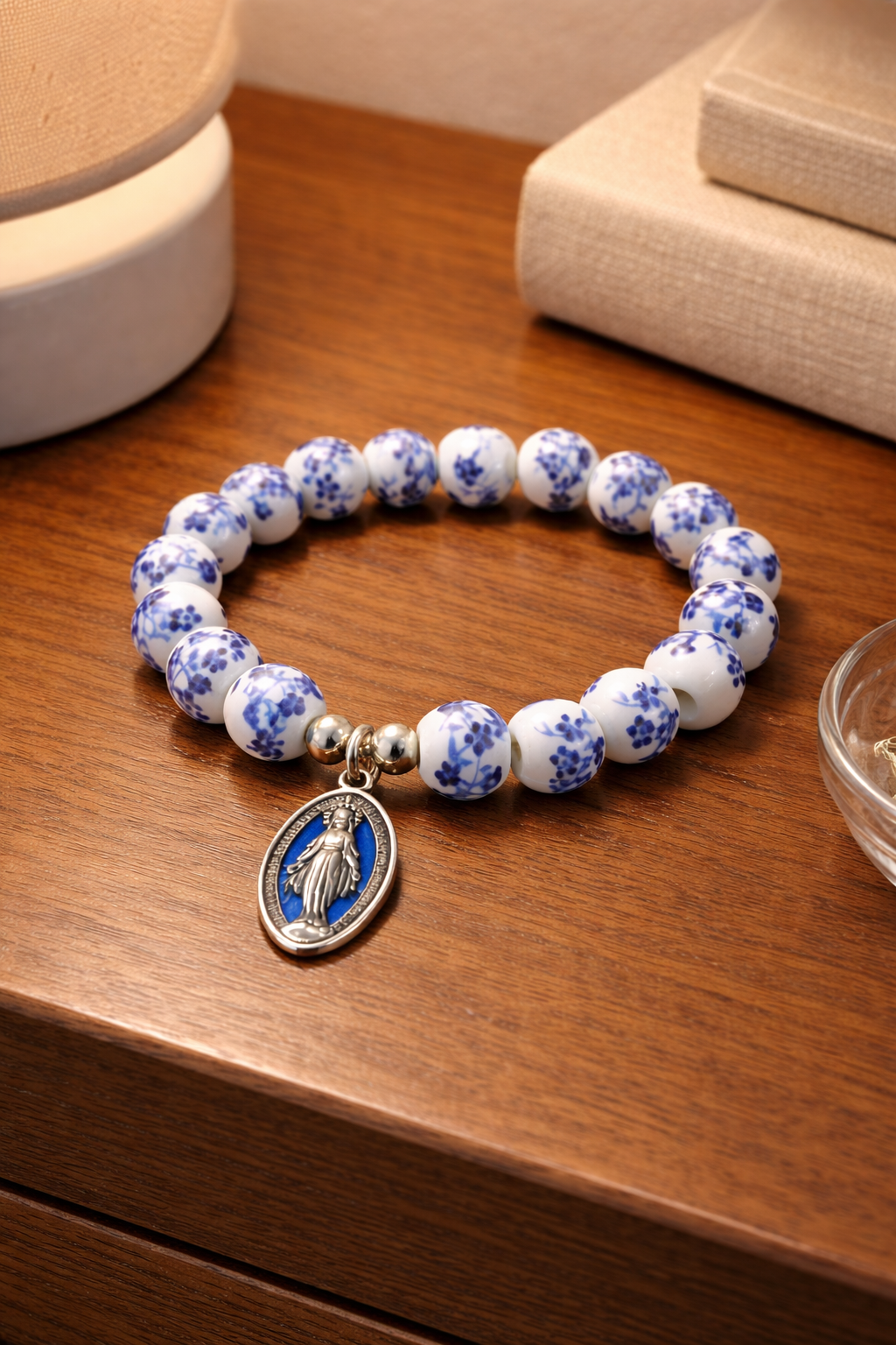 Blue & White Porcelain Beaded Bracelet with Miraculous Medal (Codec 8-60)