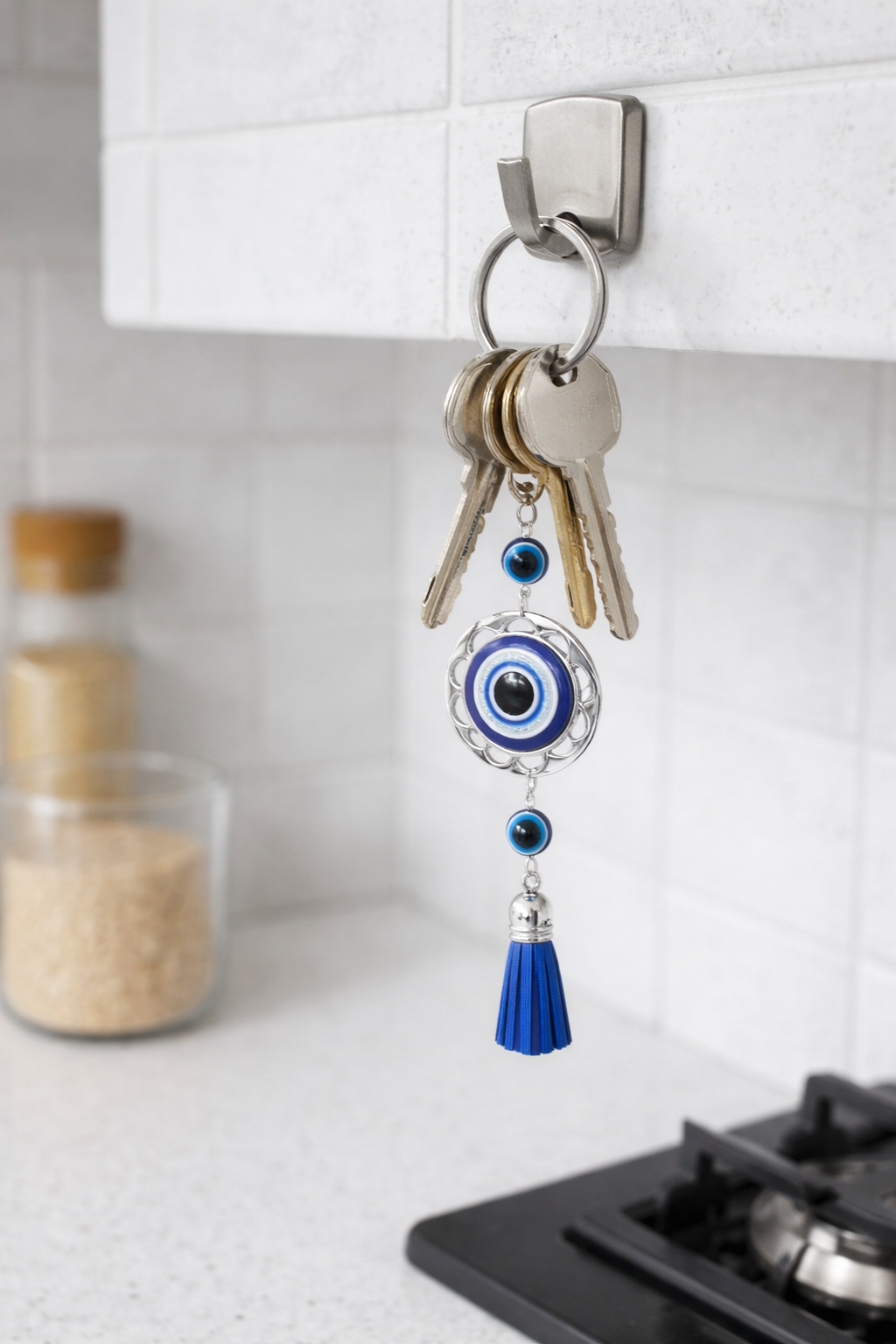 Evil Eye Keychain – Blue & Silver with Tassel