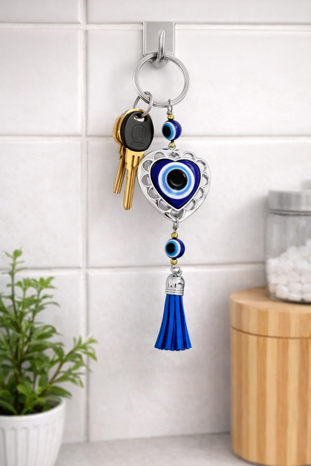 Evil Eye Heart Keychain with Tassel