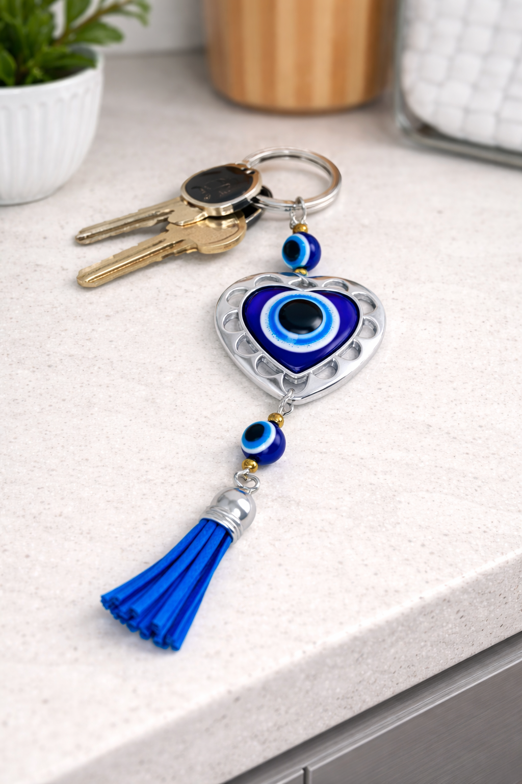 Evil Eye Heart Keychain with Tassel