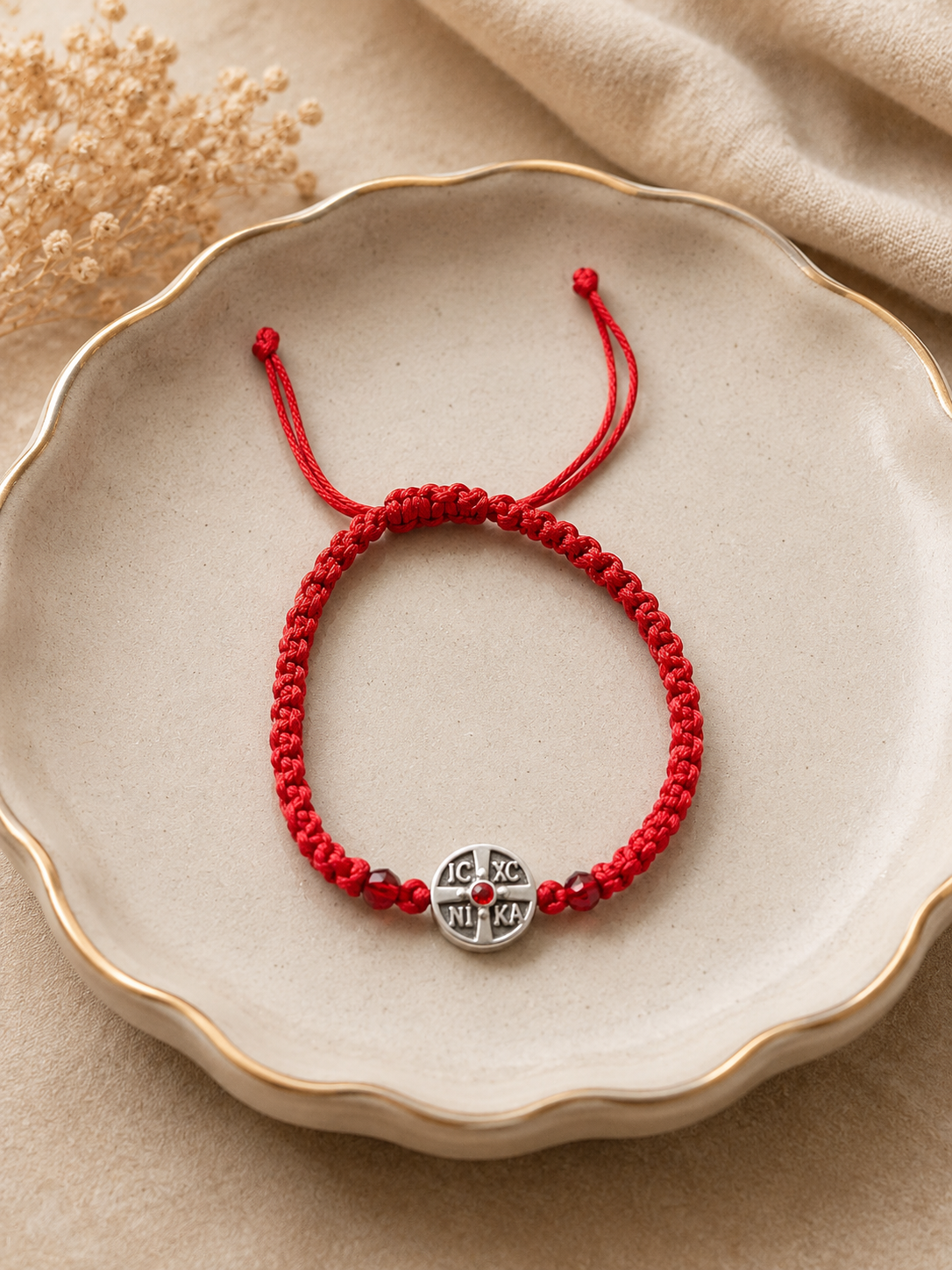 Red IC XC NIKA Orthodox Prayer Bracelet with Silver Cross Medal (Code 2-10)