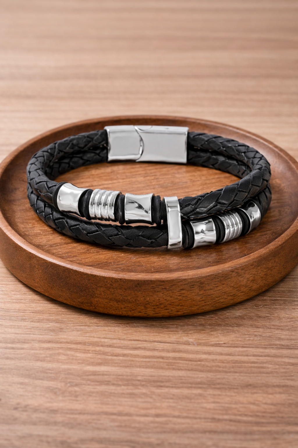 Men's bracelet (Braided Black Leather Bracelet with Stainless Steel Clasp) (Code 6-41,42,43,44,45)