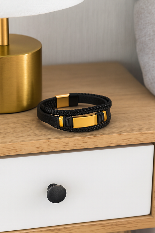 Men's Black Leather Bracelet with Gold Accents – Modern, Bold & Stylish
