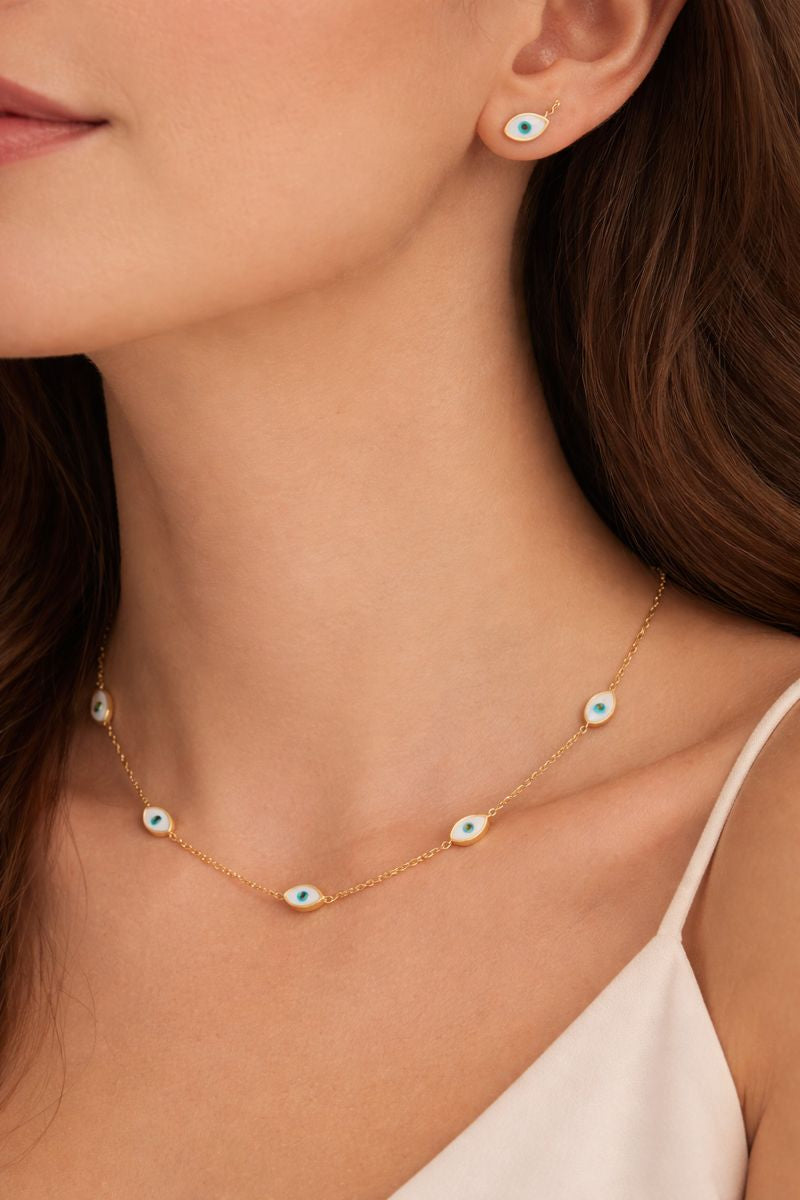 Evil Eye Necklace & Stud Earrings Set – Gold Finish