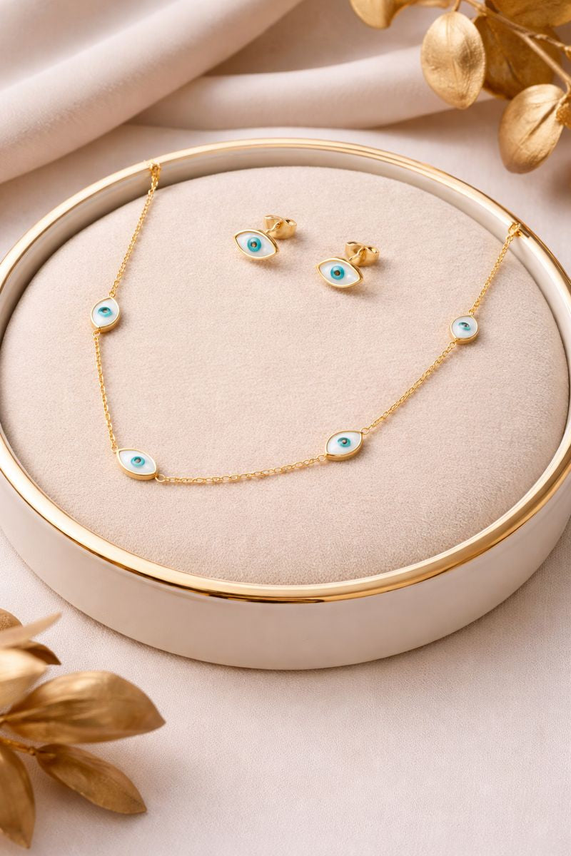 Evil Eye Necklace & Stud Earrings Set – Gold Finish