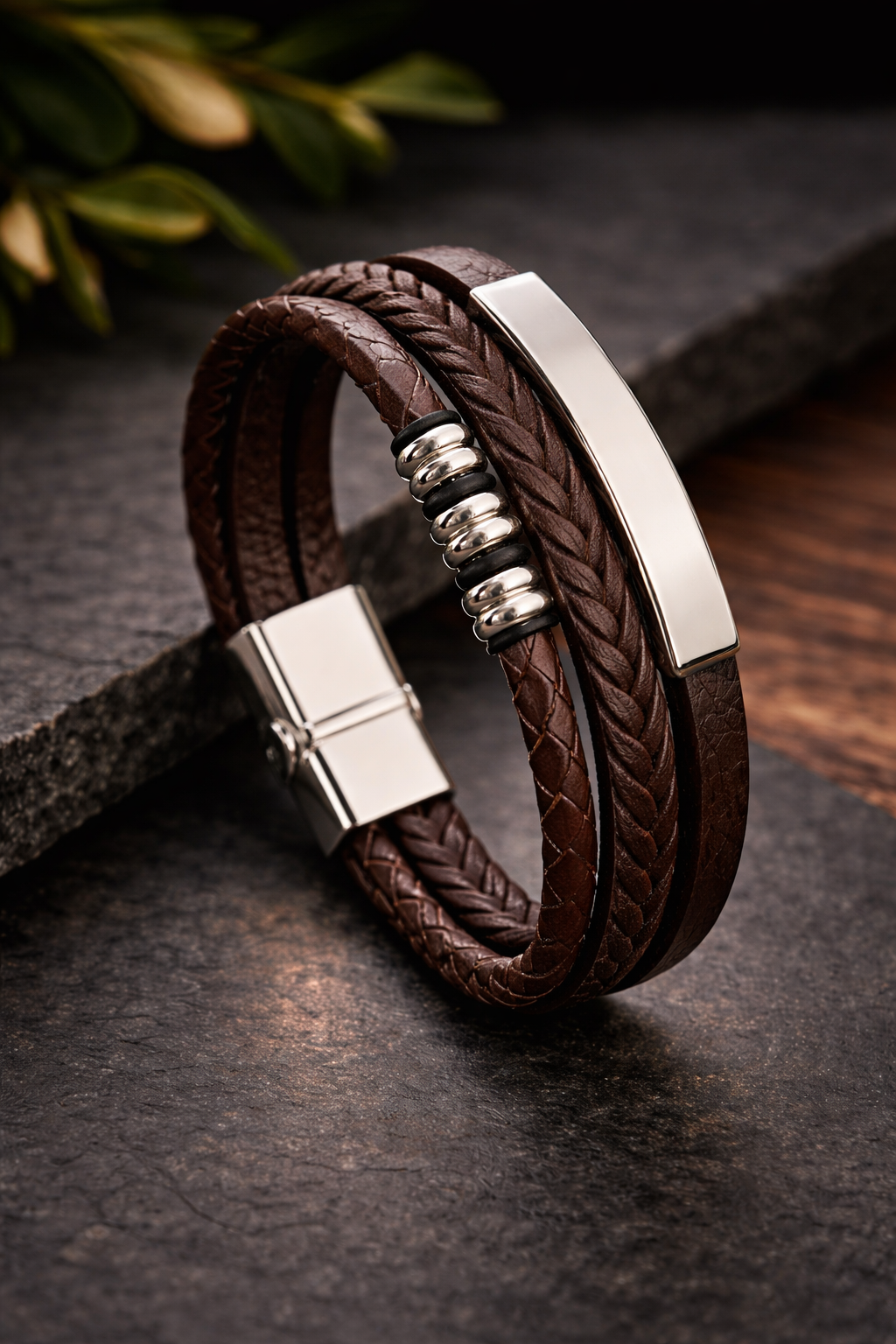 Men’s Brown Braided Leather Bracelet – Stainless Steel Detail