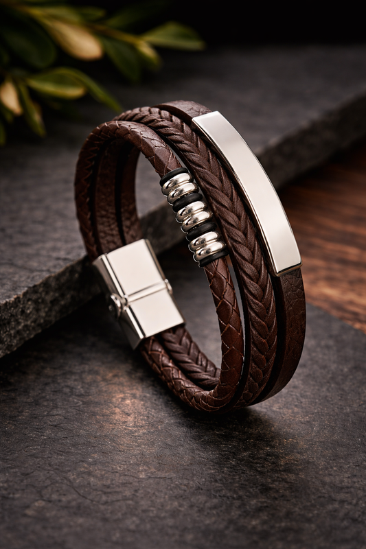 Men’s Brown Braided Leather Bracelet – Stainless Steel Detail