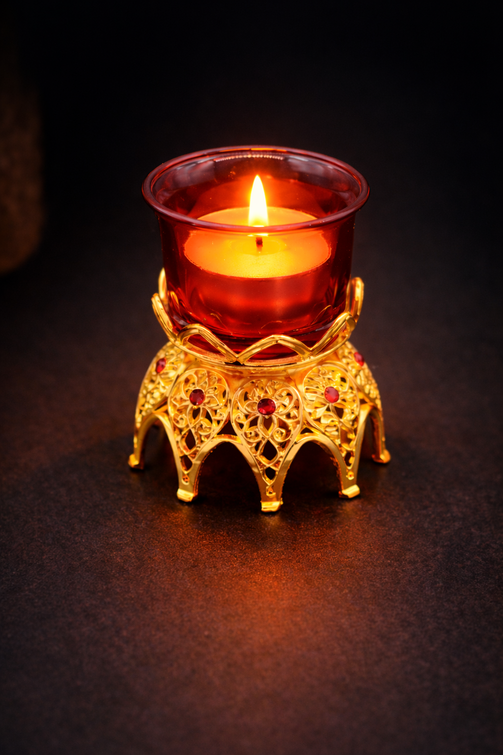 Orthodox Red Glass Vigil Candle Holder with Gold Filigree Base