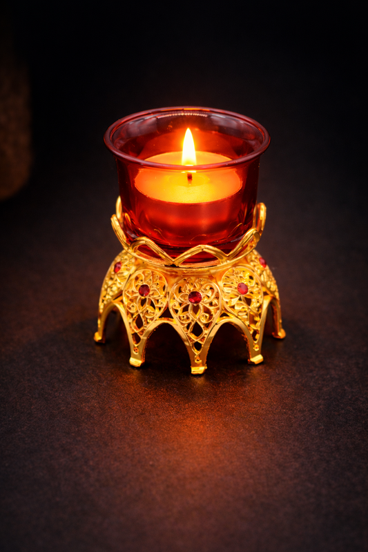 Orthodox Red Glass Vigil Candle Holder with Gold Filigree Base