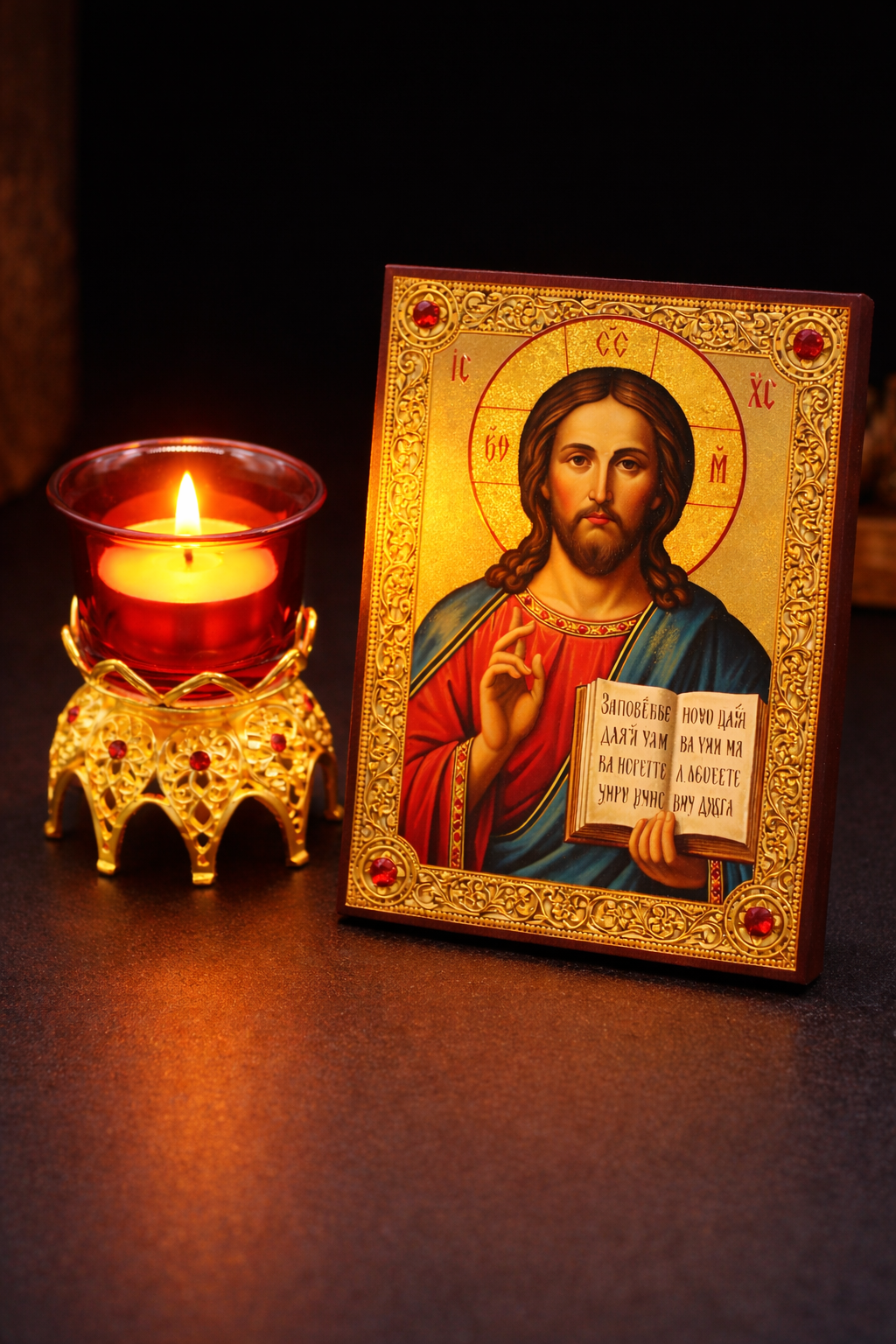 Orthodox Red Glass Vigil Candle Holder with Gold Filigree Base